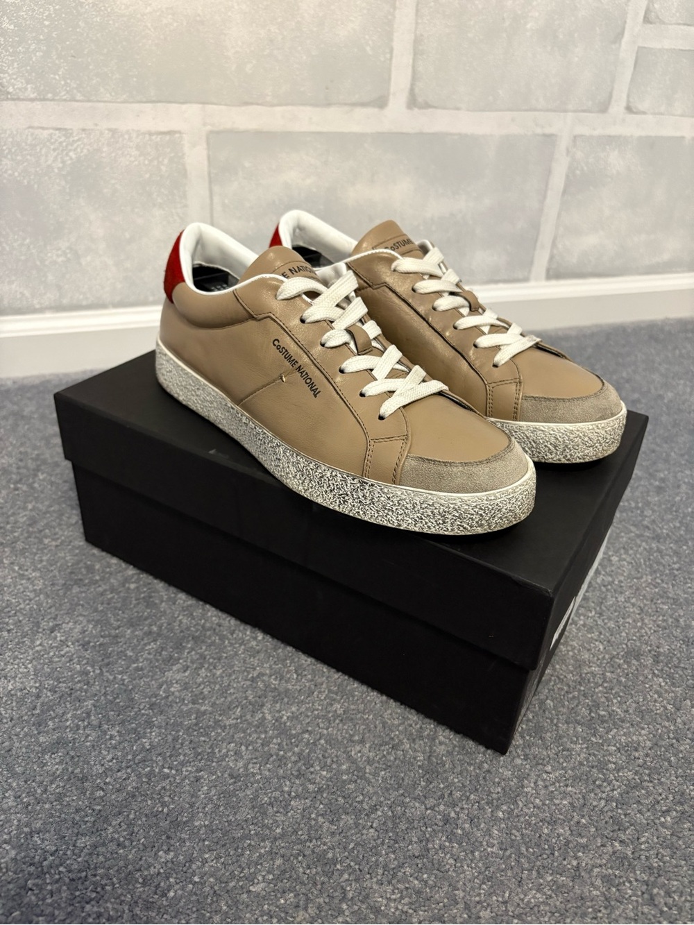CNC Costume National Tan Leather Low-Top Sneakers with Red Heel Tab Size 41 - Picture 2 of 8